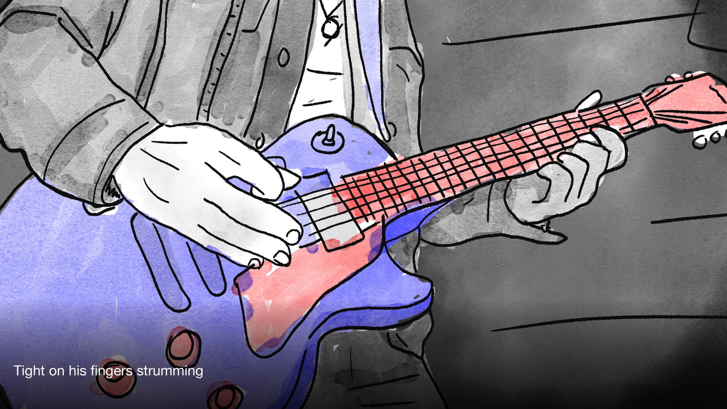 Illustrated close-up of a guitarist playing a purple guitar