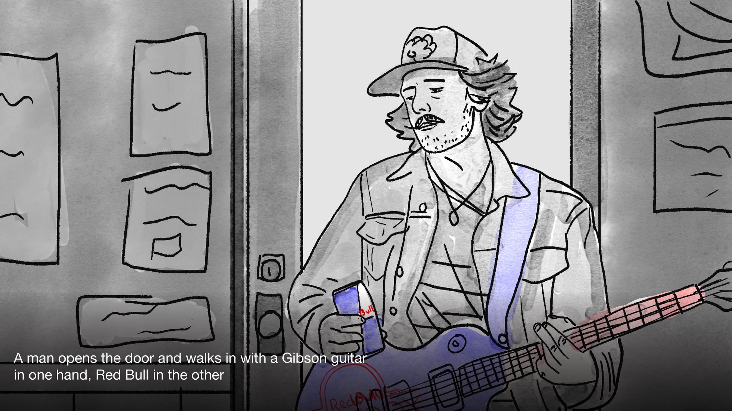 Illustrated musician entering a Nashville dive bar