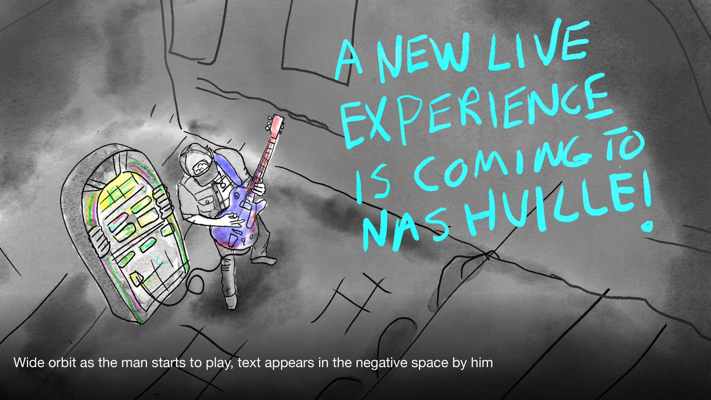 Illustrated astronaut playing guitar beside a glowing jukebox