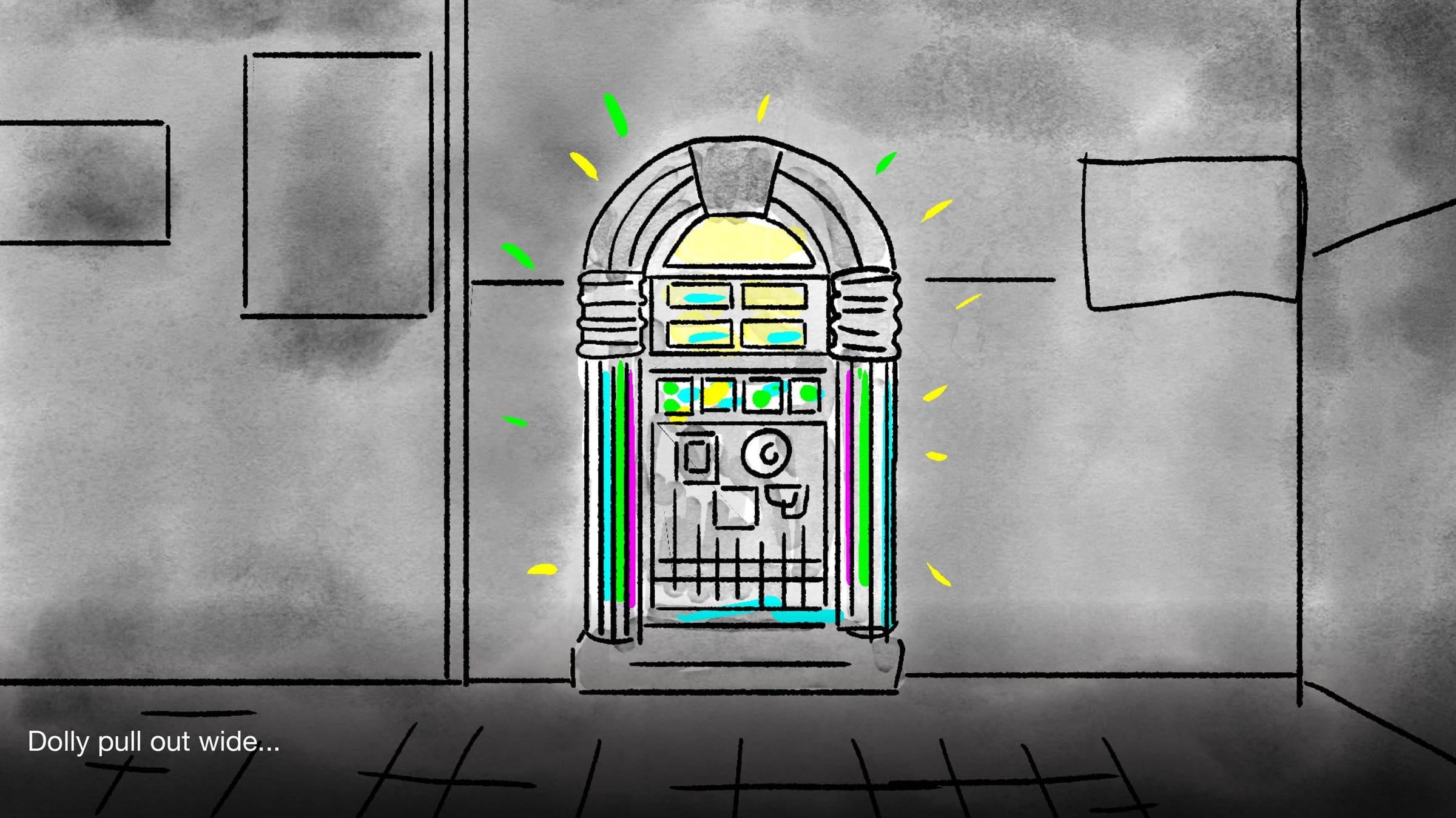 Illustrated glowing jukebox from the Red Bull storyboard