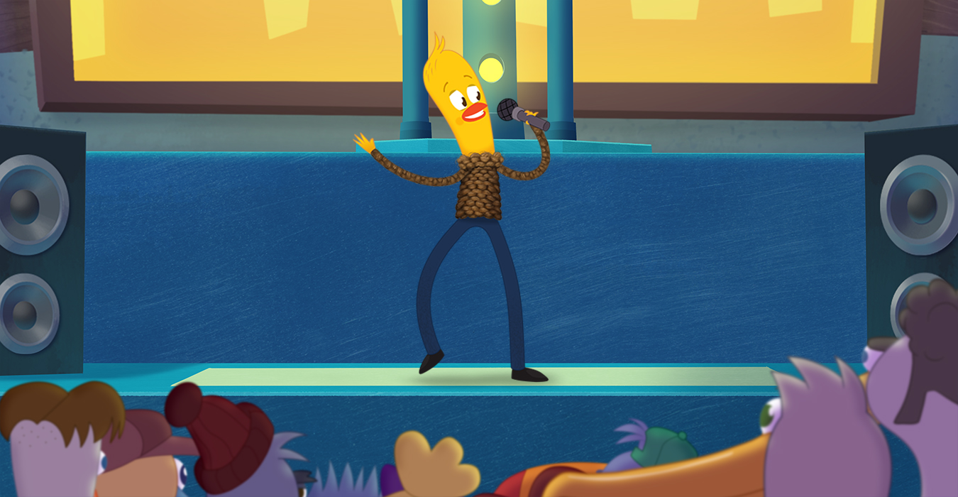 Archibald animated series still with a character singing on stage