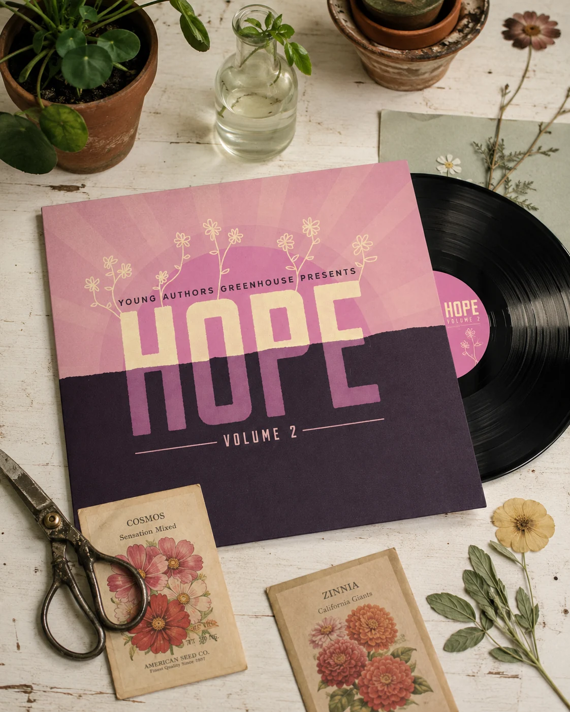 Hope album displayed on a record player in a greenhouse