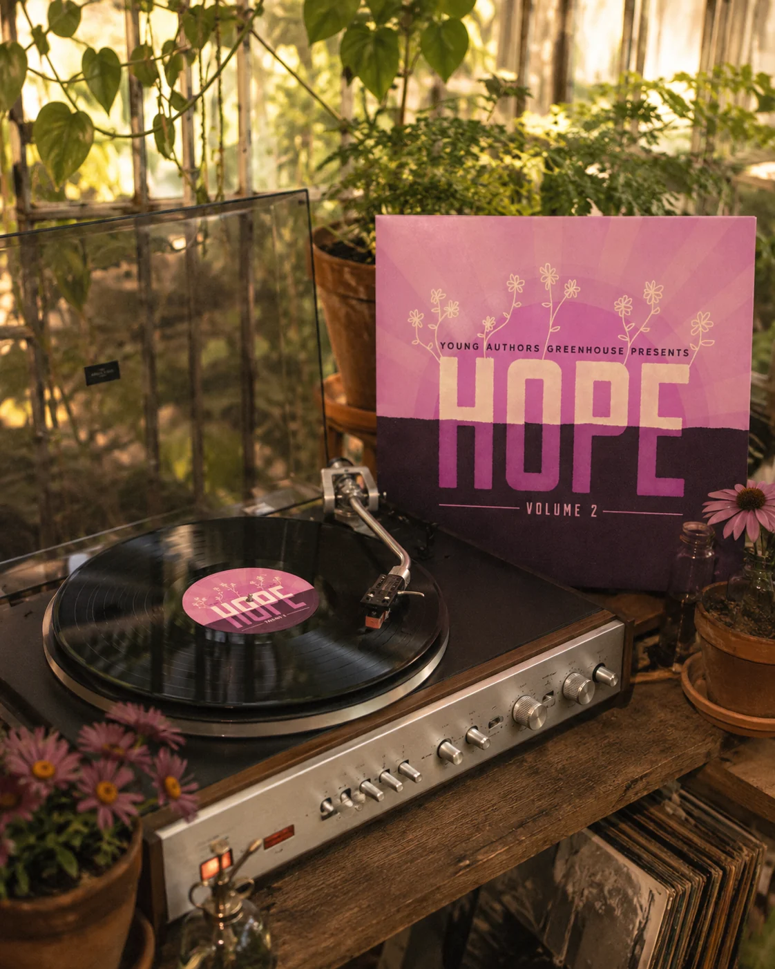 Hope album and pink vinyl staged beside a turntable