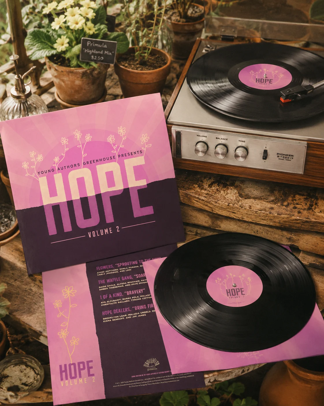 Young Authors Greenhouse Hope album beside a vinyl record