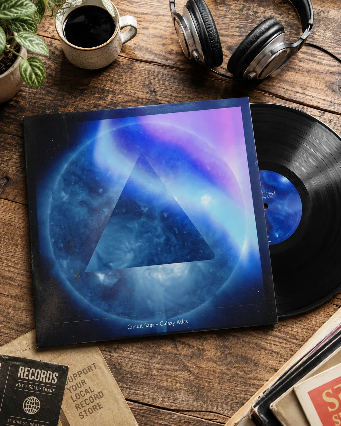 Circuit Saga vinyl album staged on a listening table