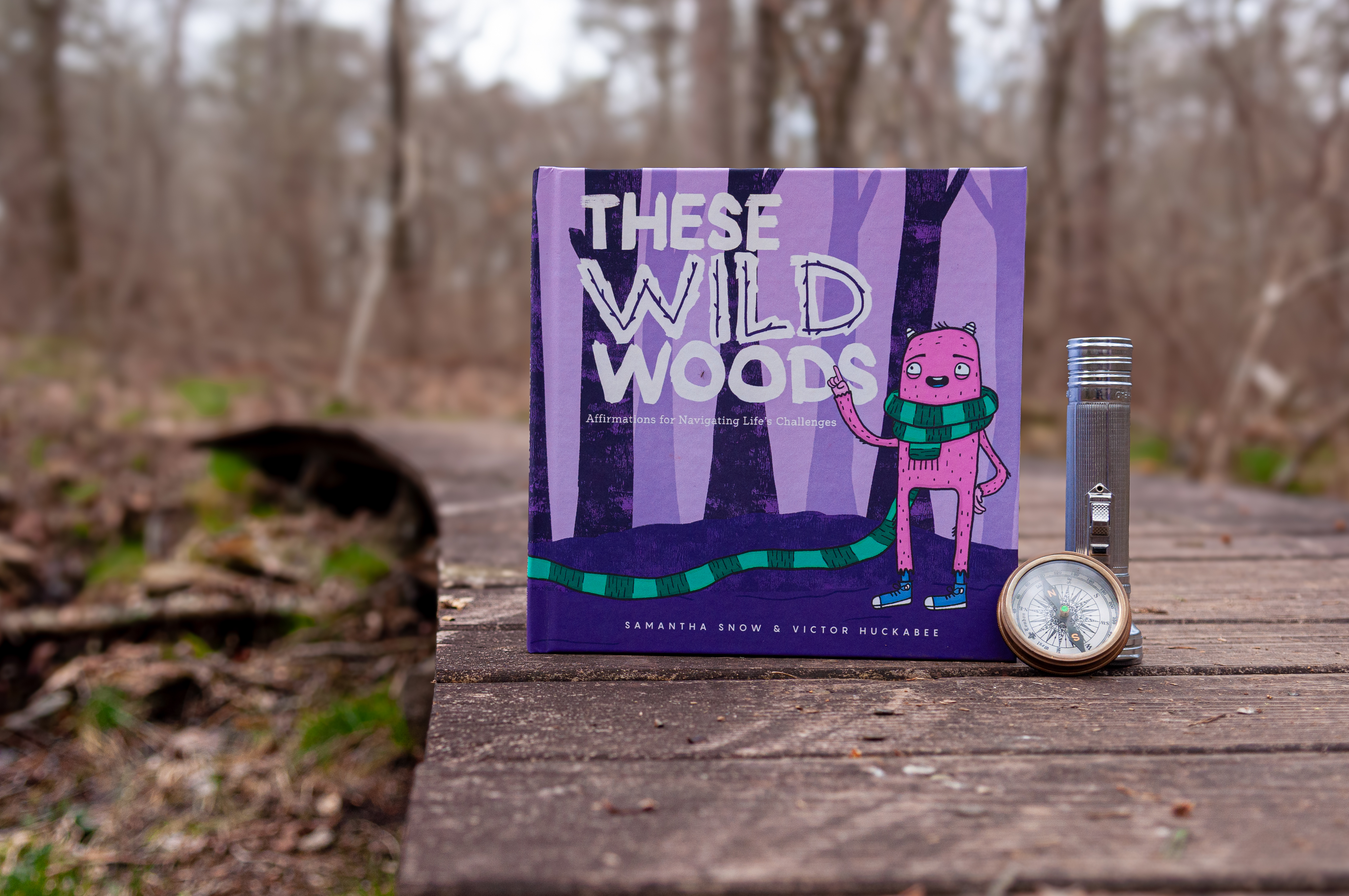 These Wild Woods book arranged with a compass and flashlight on a wooden bridge