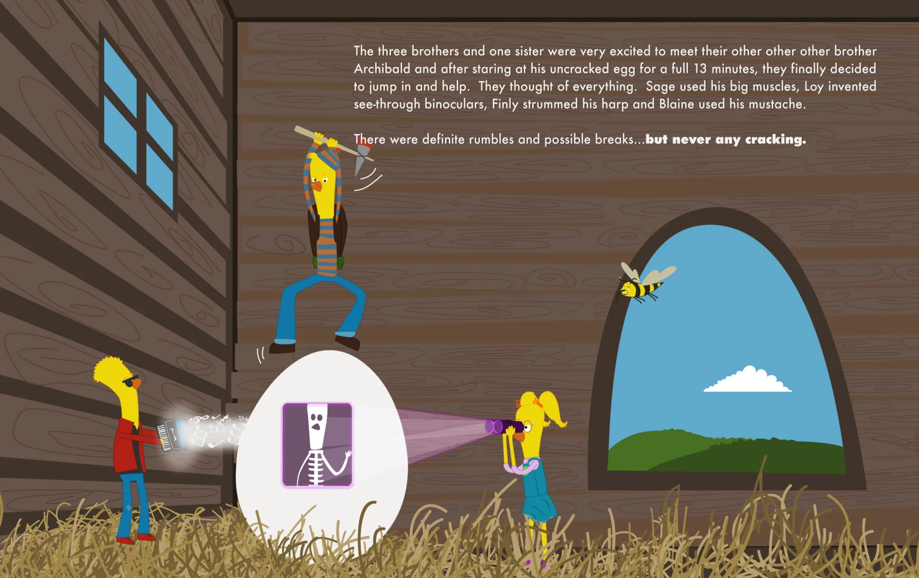Early Archibald story frame with characters gathered inside a wooden room