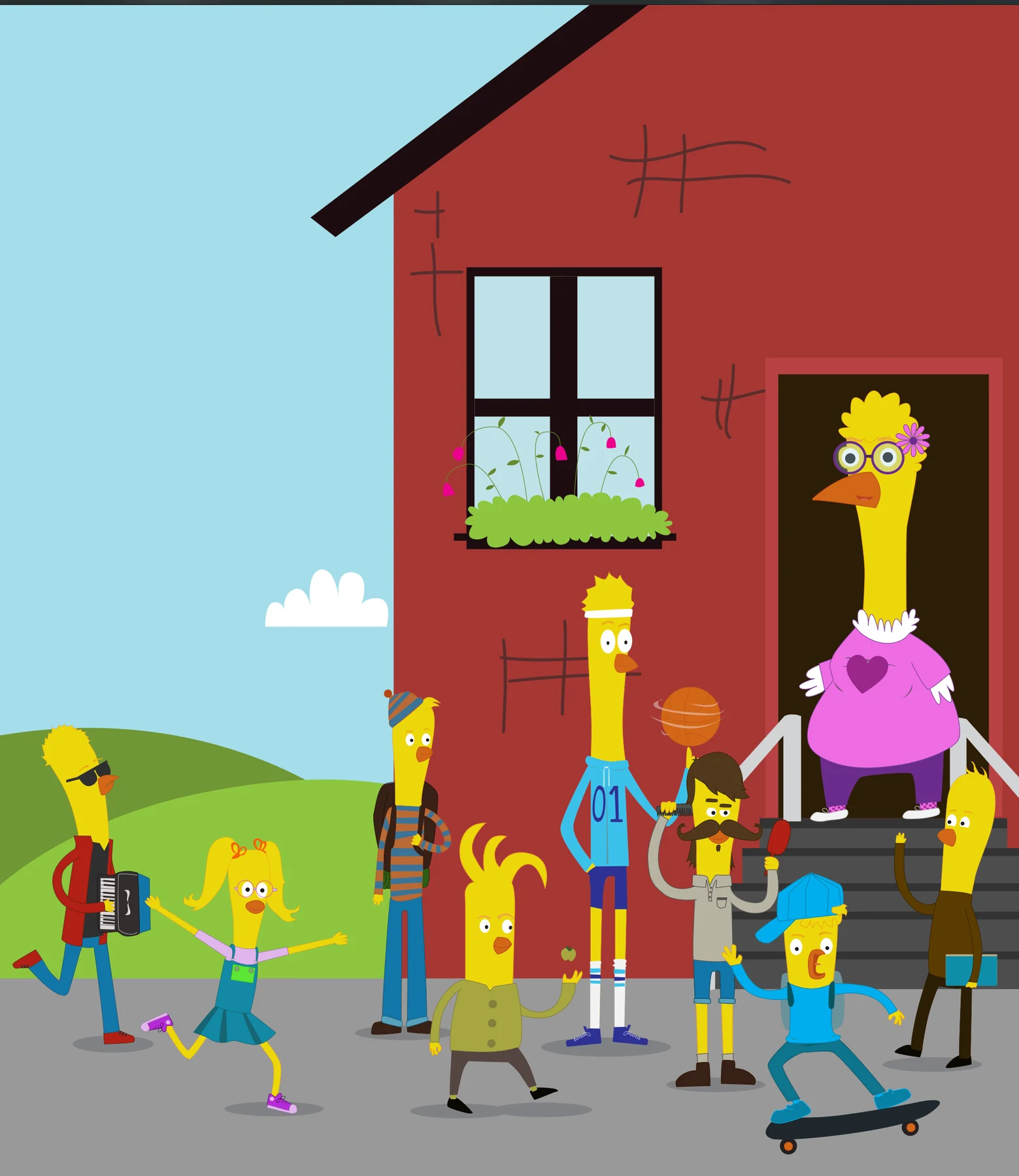 Early colorful Archibald ensemble gathered outside a red house