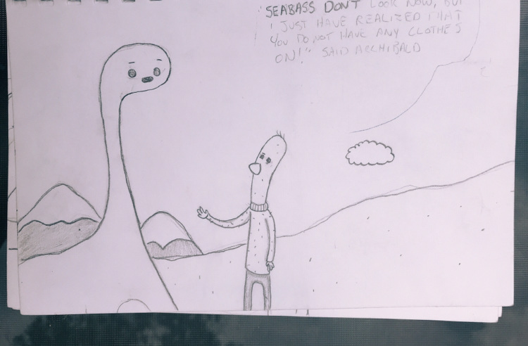 Early pencil sketch of Archibald with a tall dinosaur character