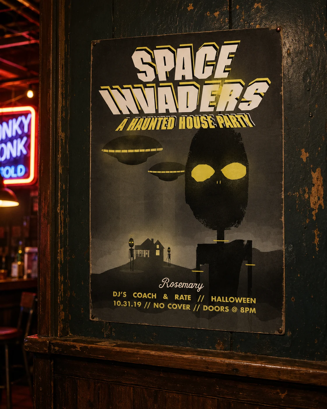 Space Invaders party poster displayed inside a neighborhood bar