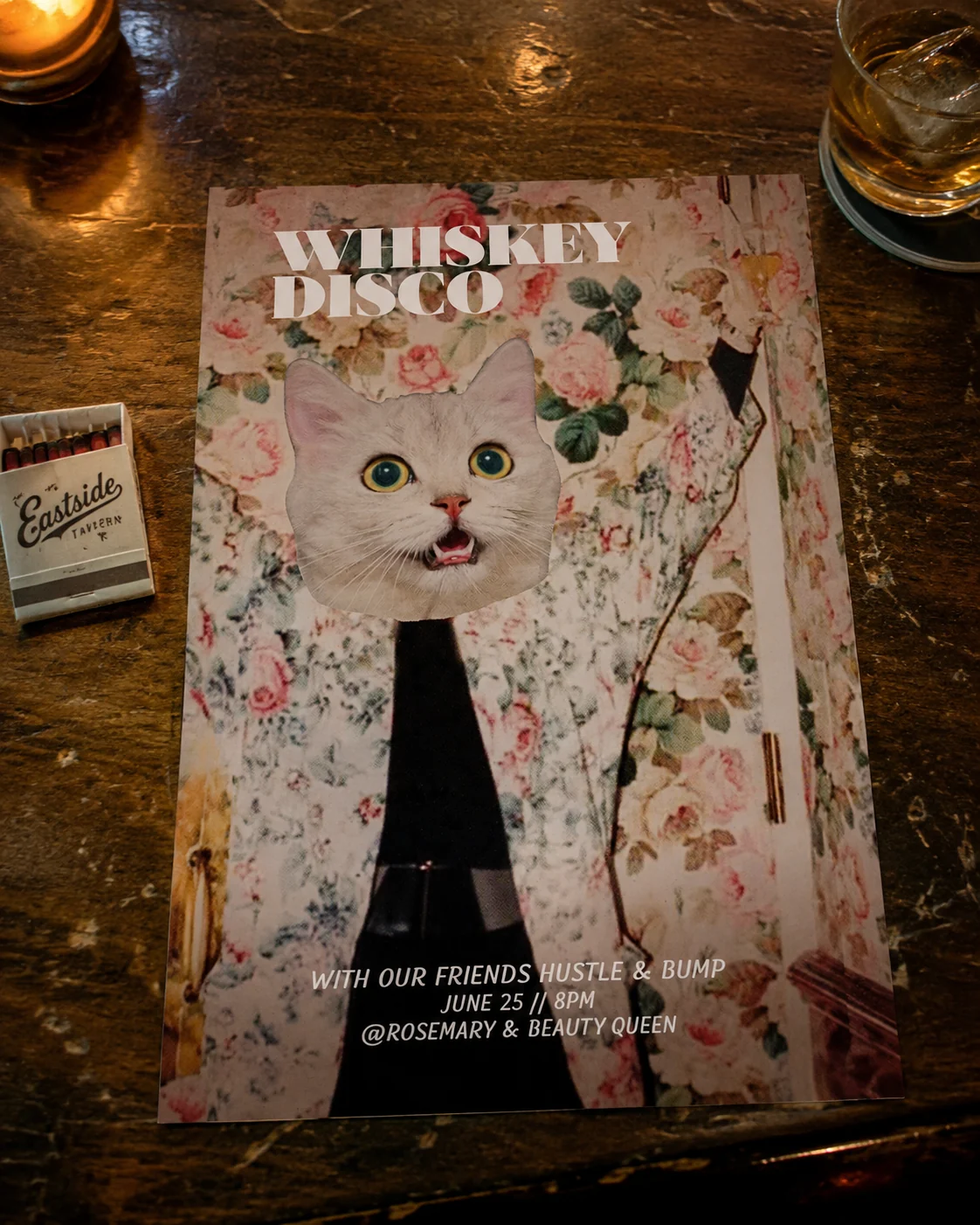 Illustrated party flyer displayed in an environmental mockup