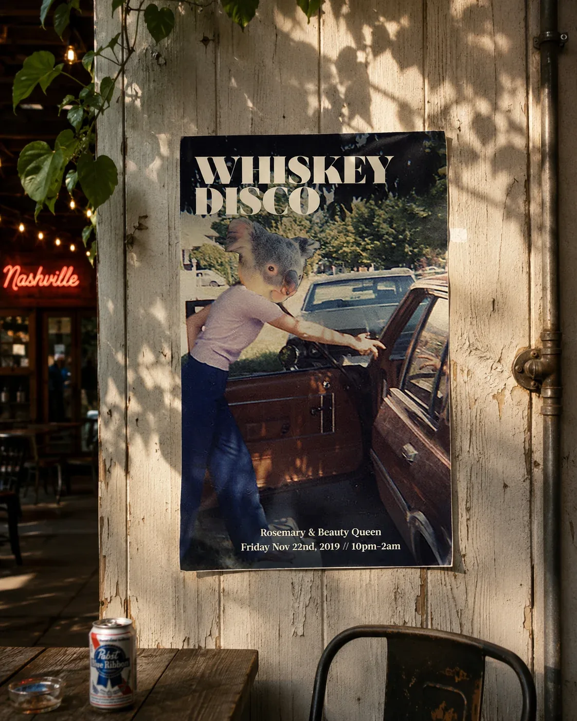 Party flyer displayed in an environmental mockup