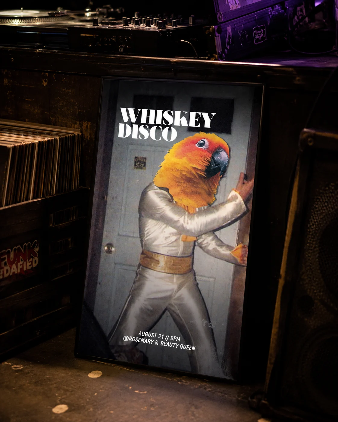 Illustrated party poster displayed in an environmental mockup