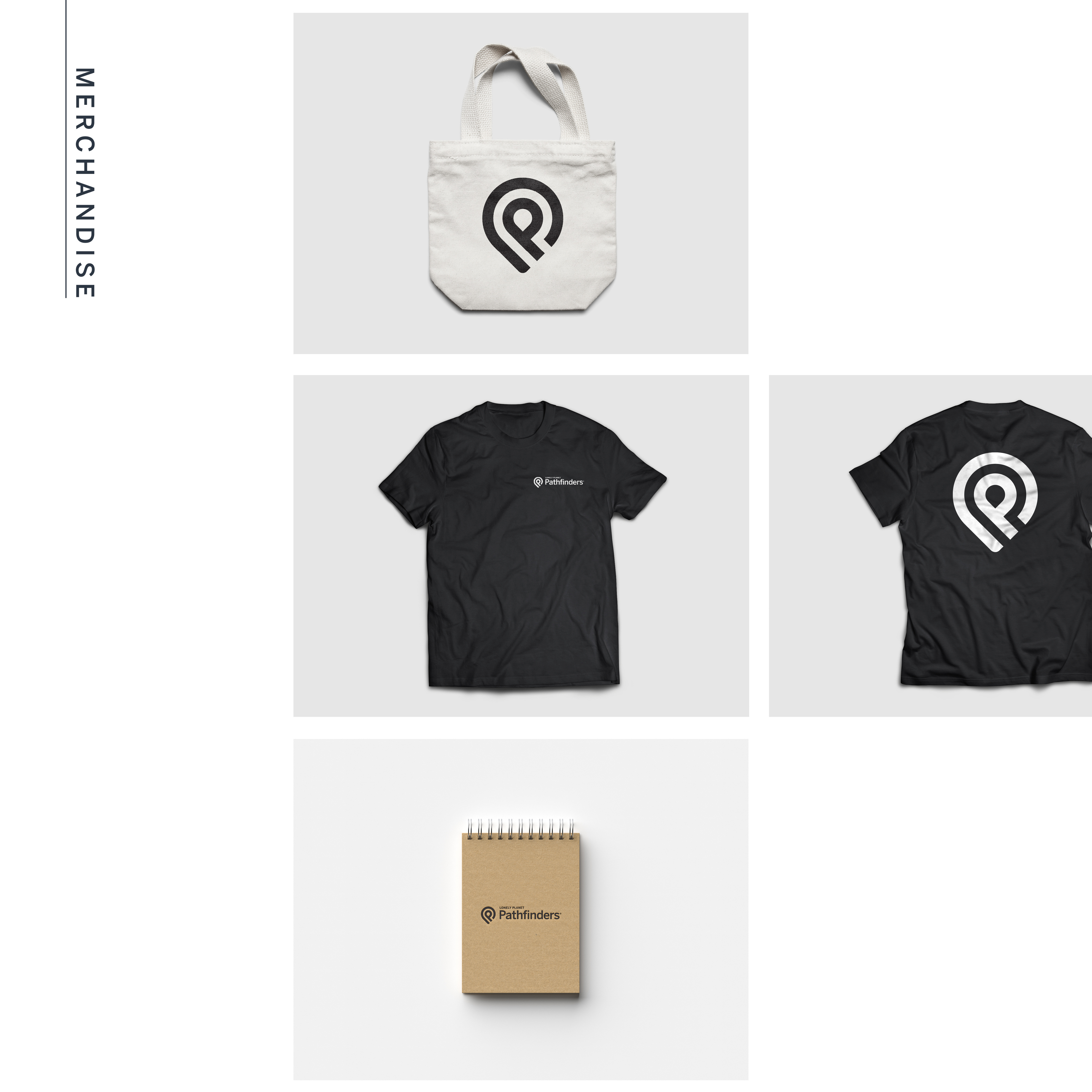 Pathfinders tote, shirt, and notebook merchandise