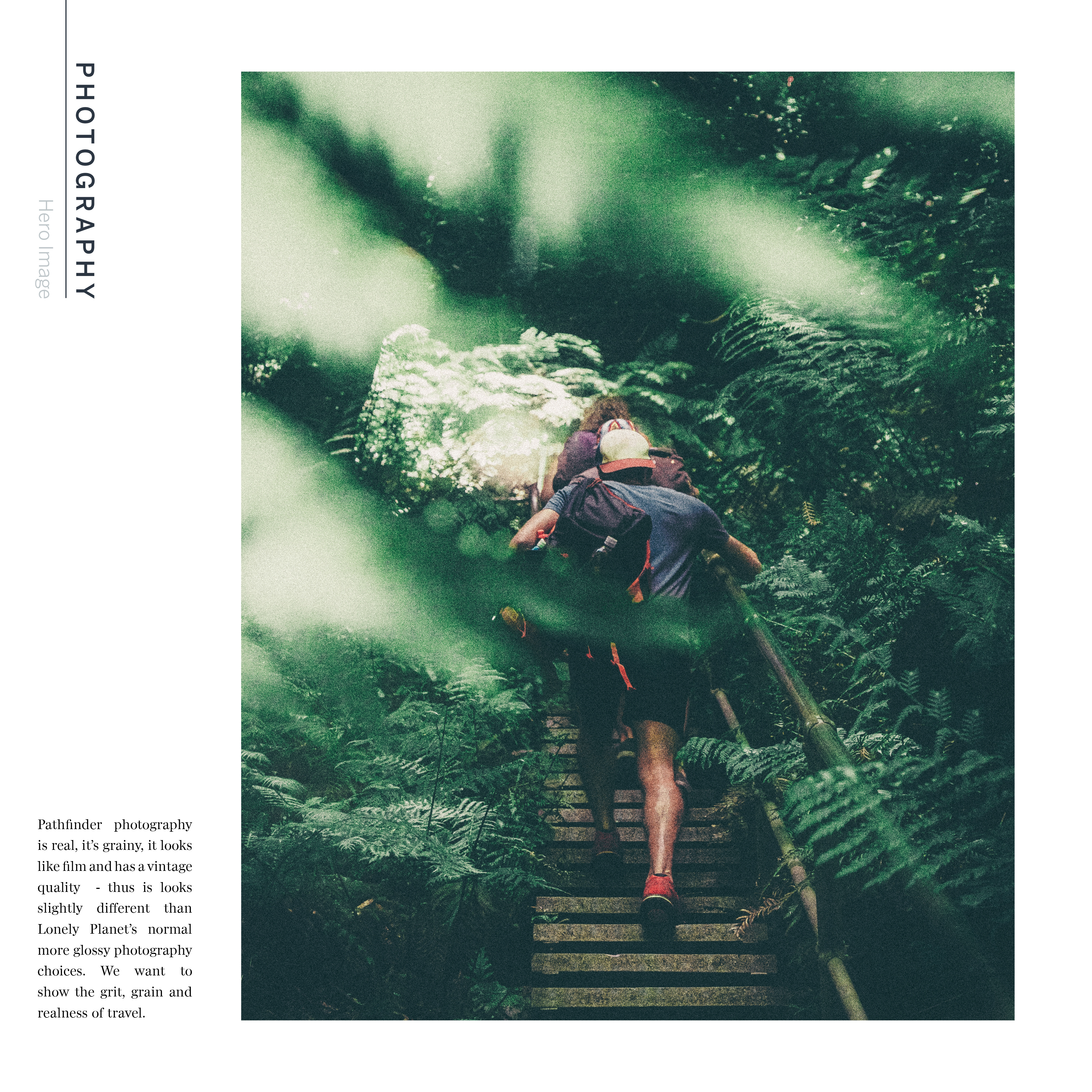 Pathfinders photography treatment with hiker on forest stairs