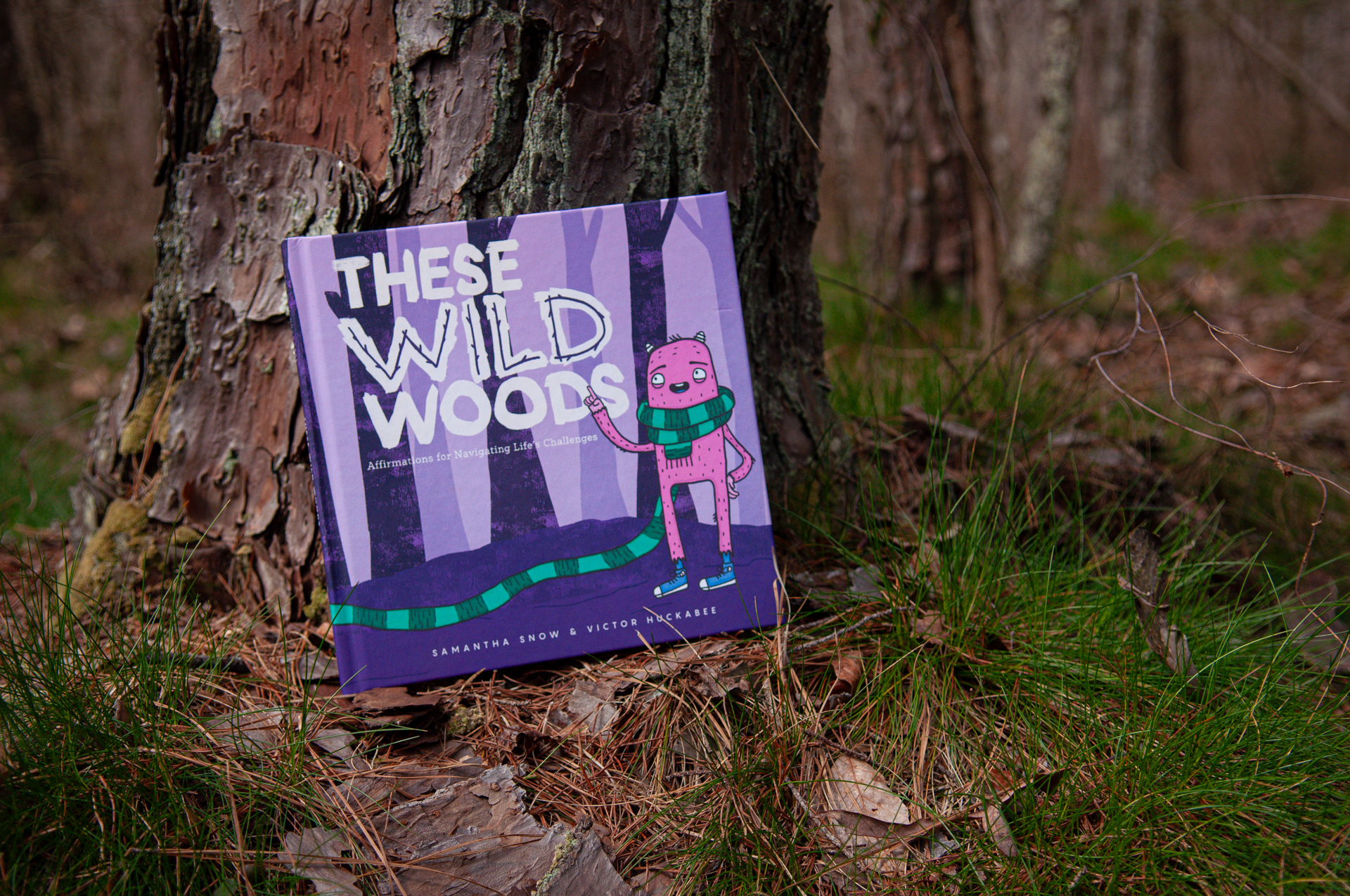 These Wild Woods book leaning against a tree in the woods