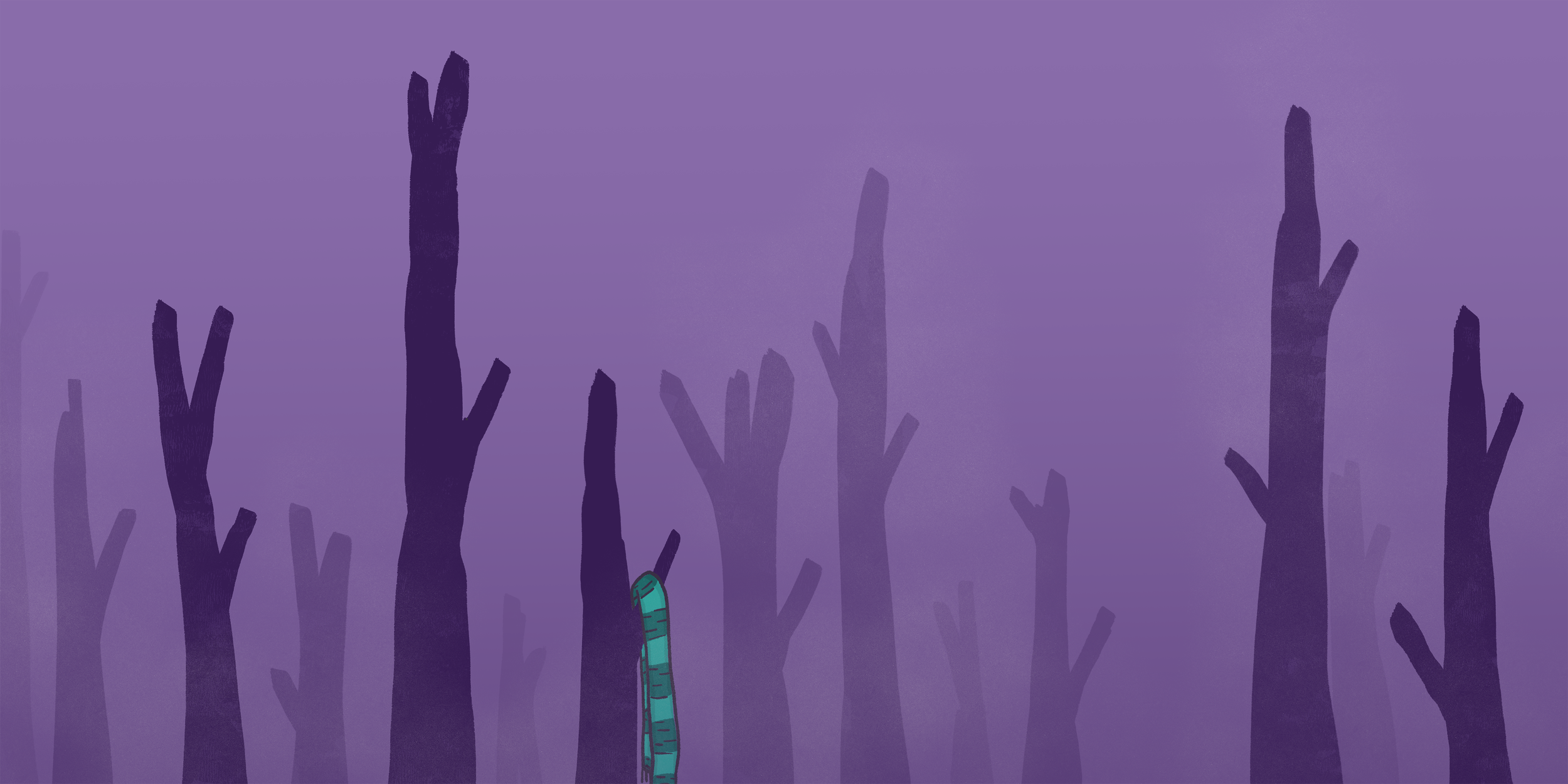 Illustrated purple forest scene from These Wild Woods