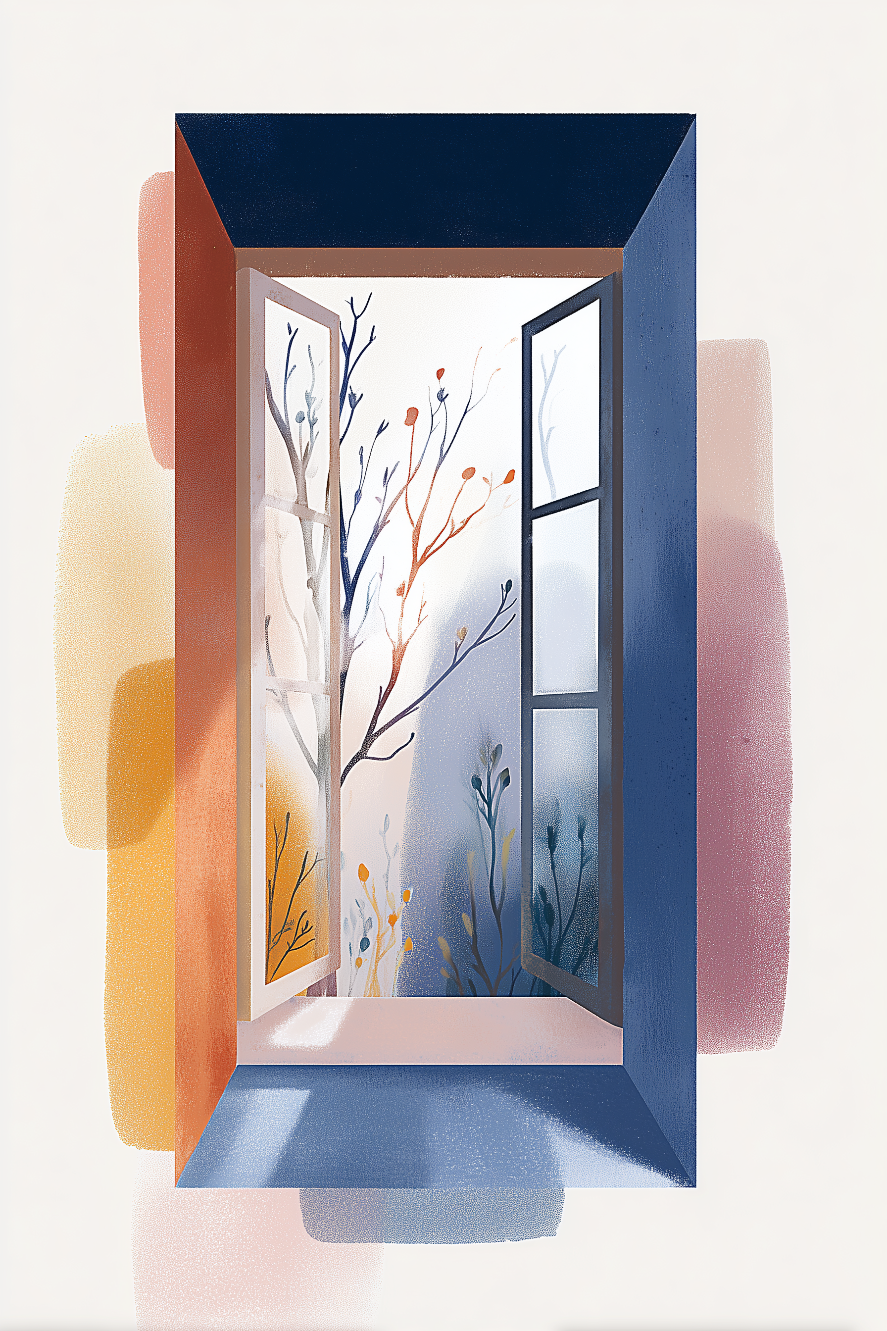 Everyplace illustration of an open window with warm color and plants