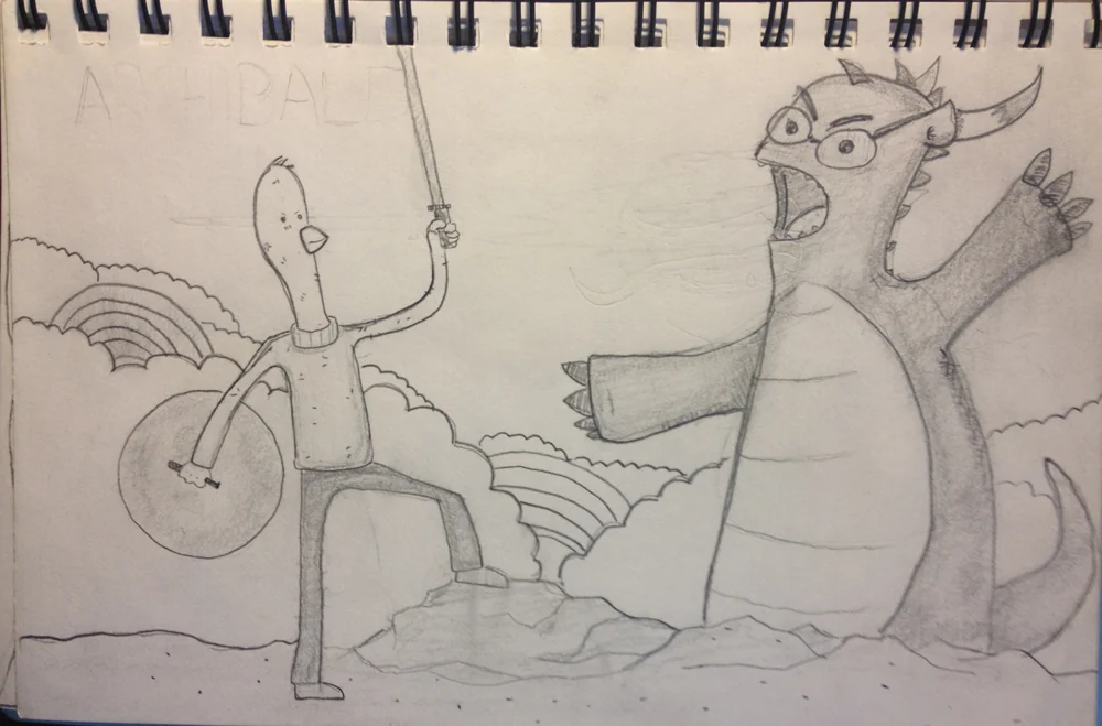 Early action drawing of Archibald confronting a dragon