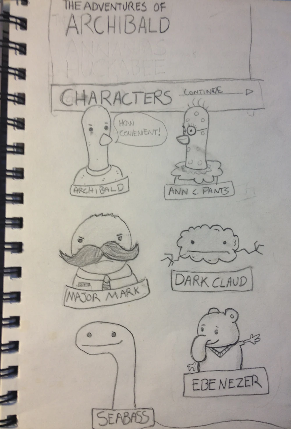 Sketchbook character roster for The Adventures of Archibald
