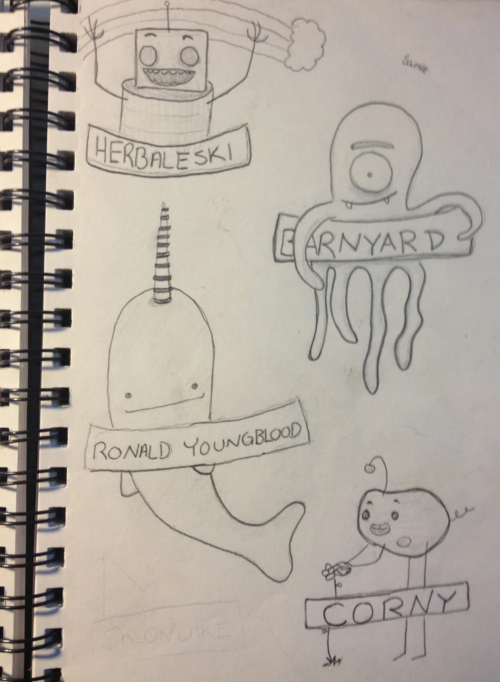 Additional hand-drawn character ideas from the Archibald sketchbook