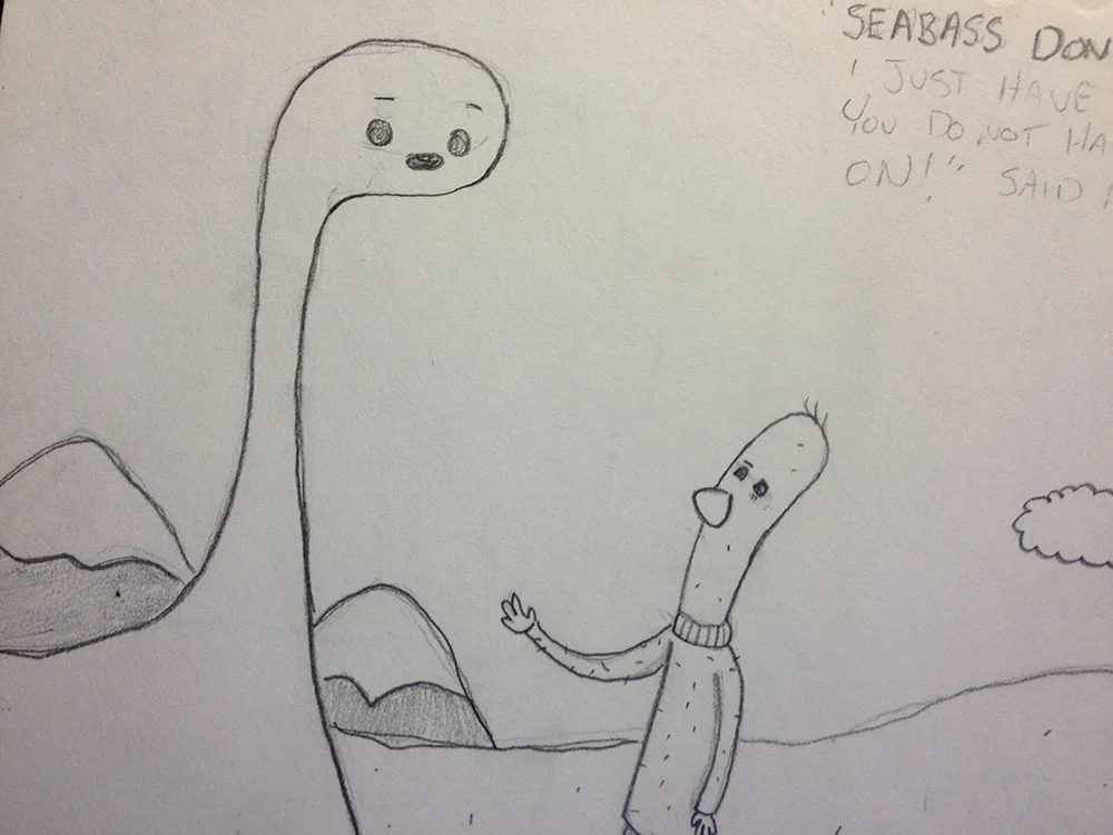 Early drawing of Archibald meeting a long-necked creature