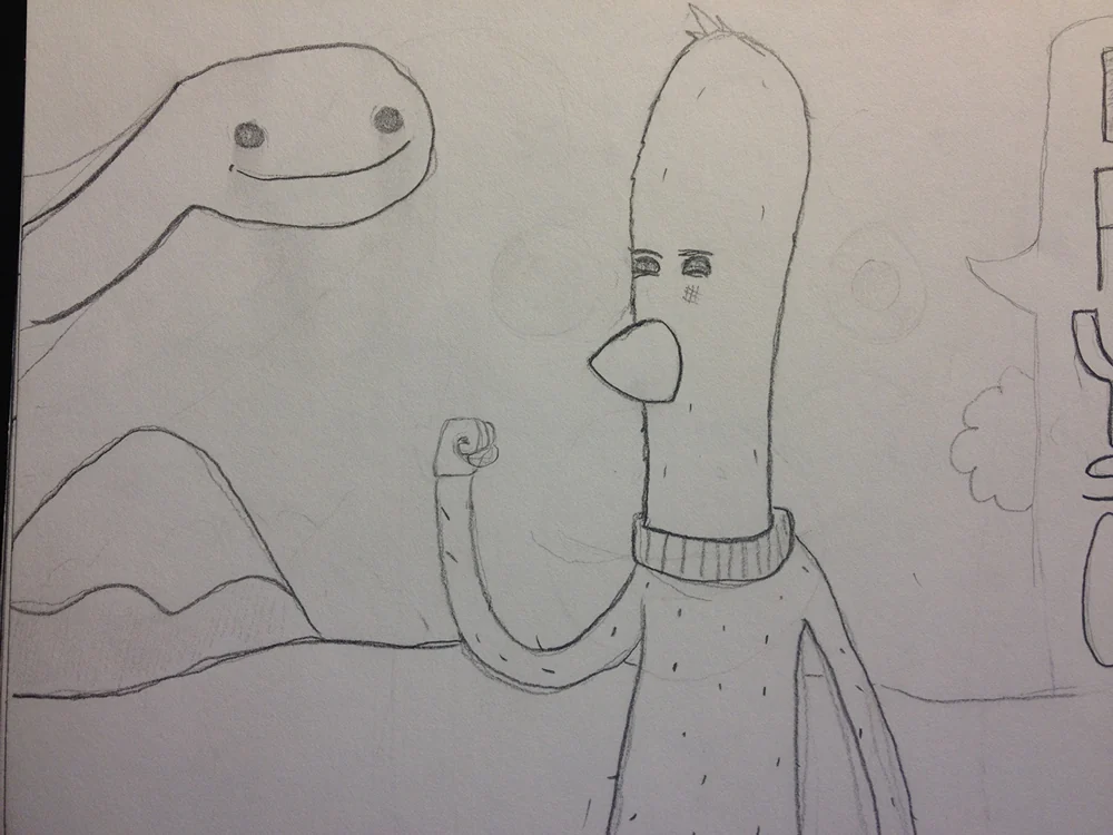Early character study of Archibald beside a creature