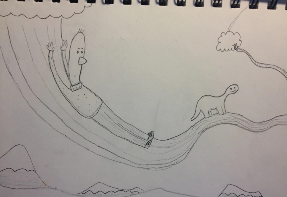 Sketchbook scene of Archibald sliding through an imagined landscape