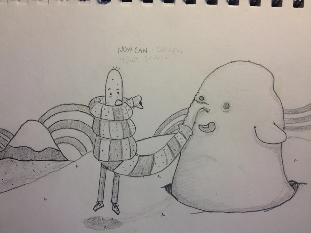Early Archibald story drawing with a scarf and rounded creature