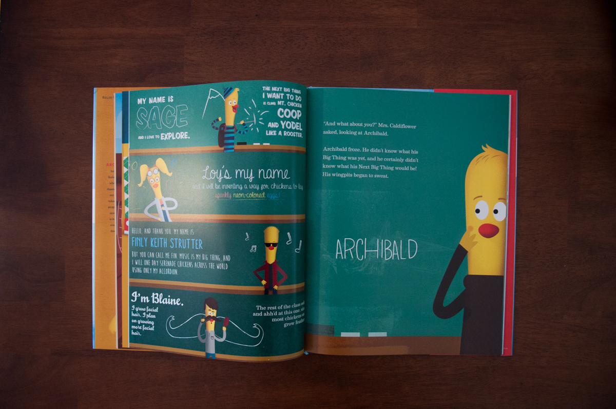 Interior spread from Archibald's Next Big Thing showing Archibald at a chalkboard