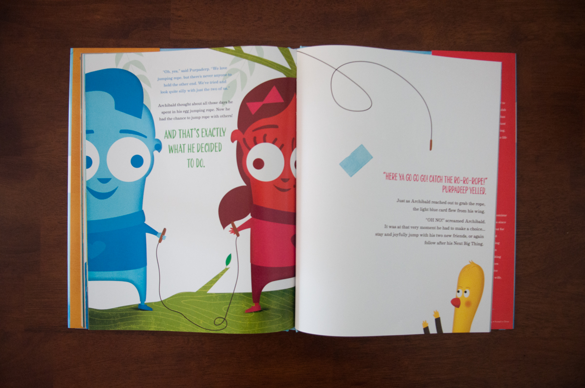 Interior spread from Archibald's Next Big Thing with colorful characters and a jump rope
