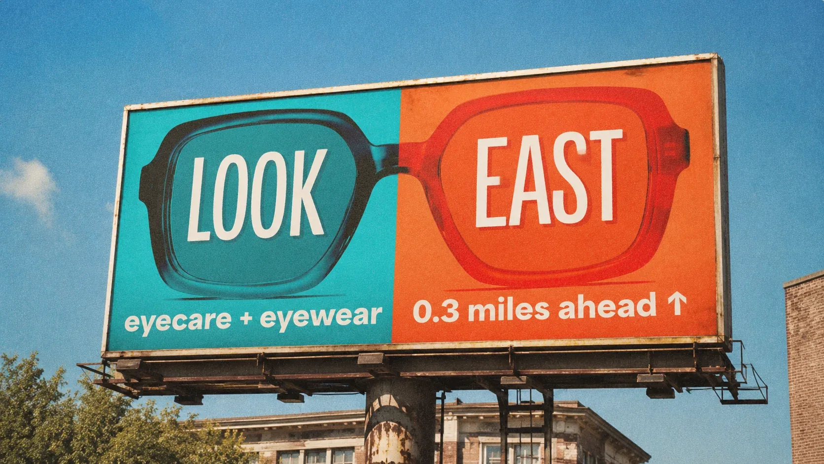 Look East billboard featuring turquoise and orange eyeglasses