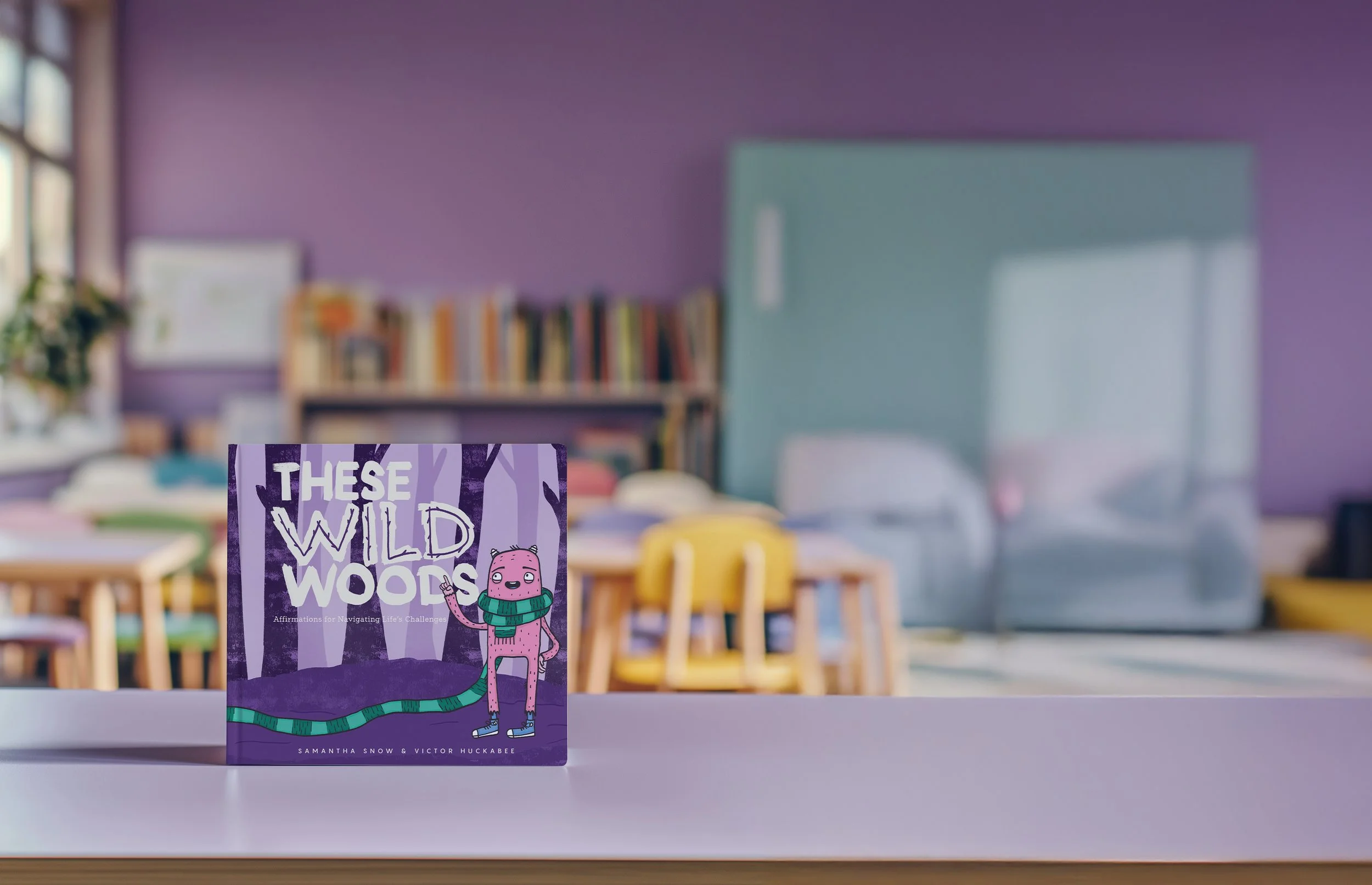 These Wild Woods book displayed in a soft purple classroom scene
