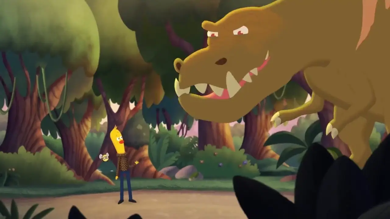 Archibald and Bea meet a towering dinosaur in a forest