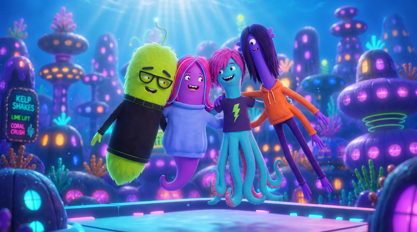 The Deep Sea Fuzzies band in their colorful underwater world