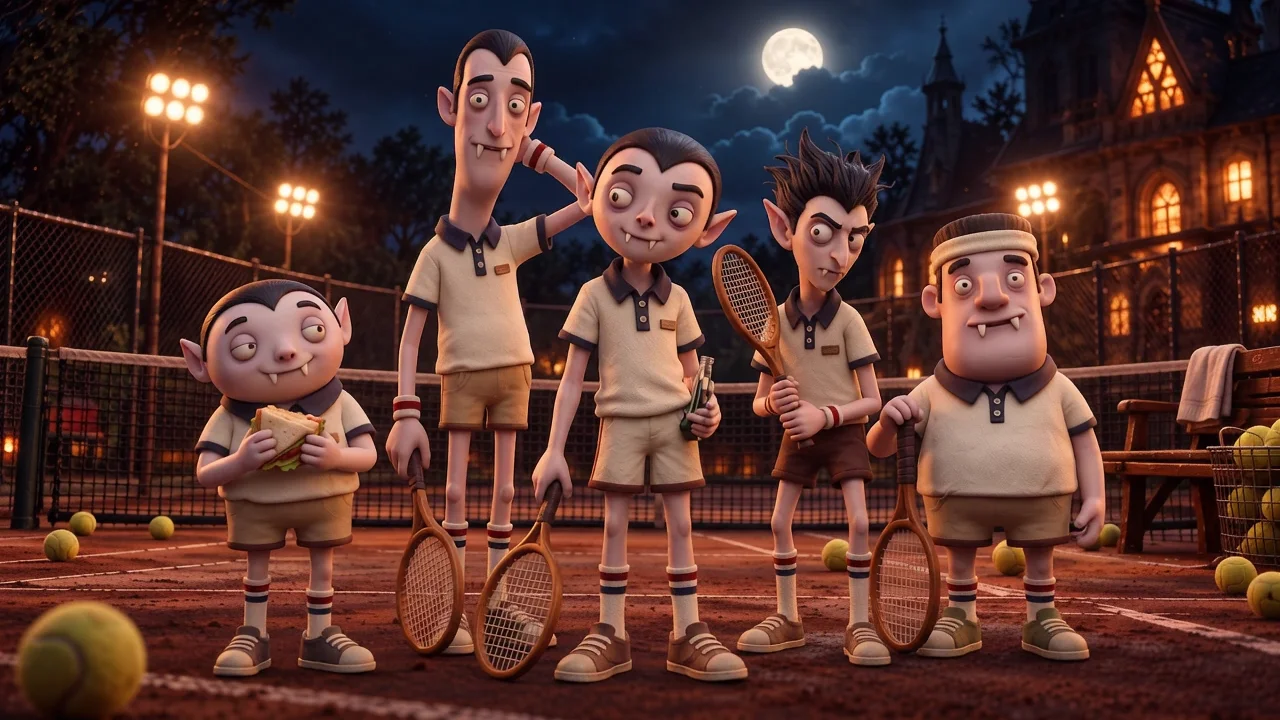 Dracula’s Tennis Club characters on a moonlit tennis court