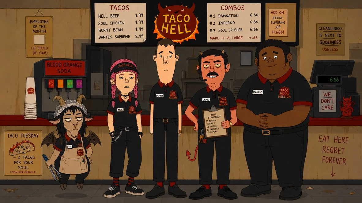 The Taco Hell crew gathered at the counter of their cursed fast-food restaurant