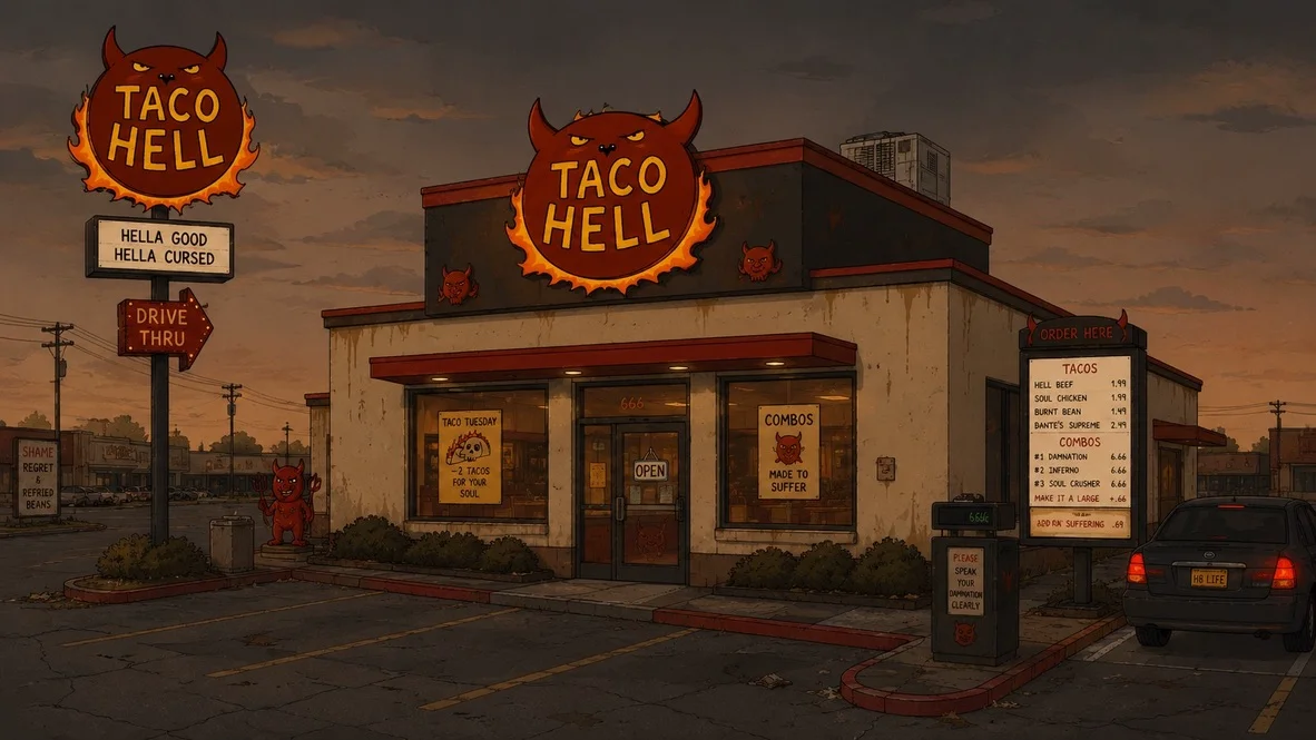 The Taco Hell restaurant and drive-through at dusk