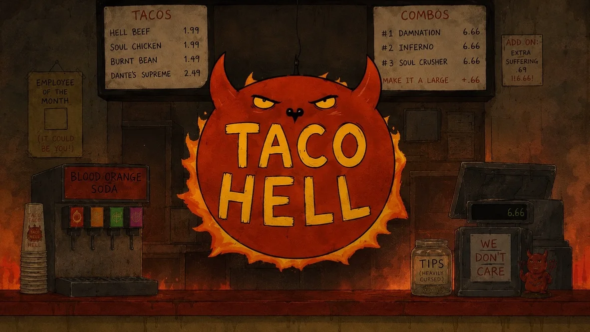 Taco Hell’s devil logo above a counter with cursed specials and a heavily cursed tip jar