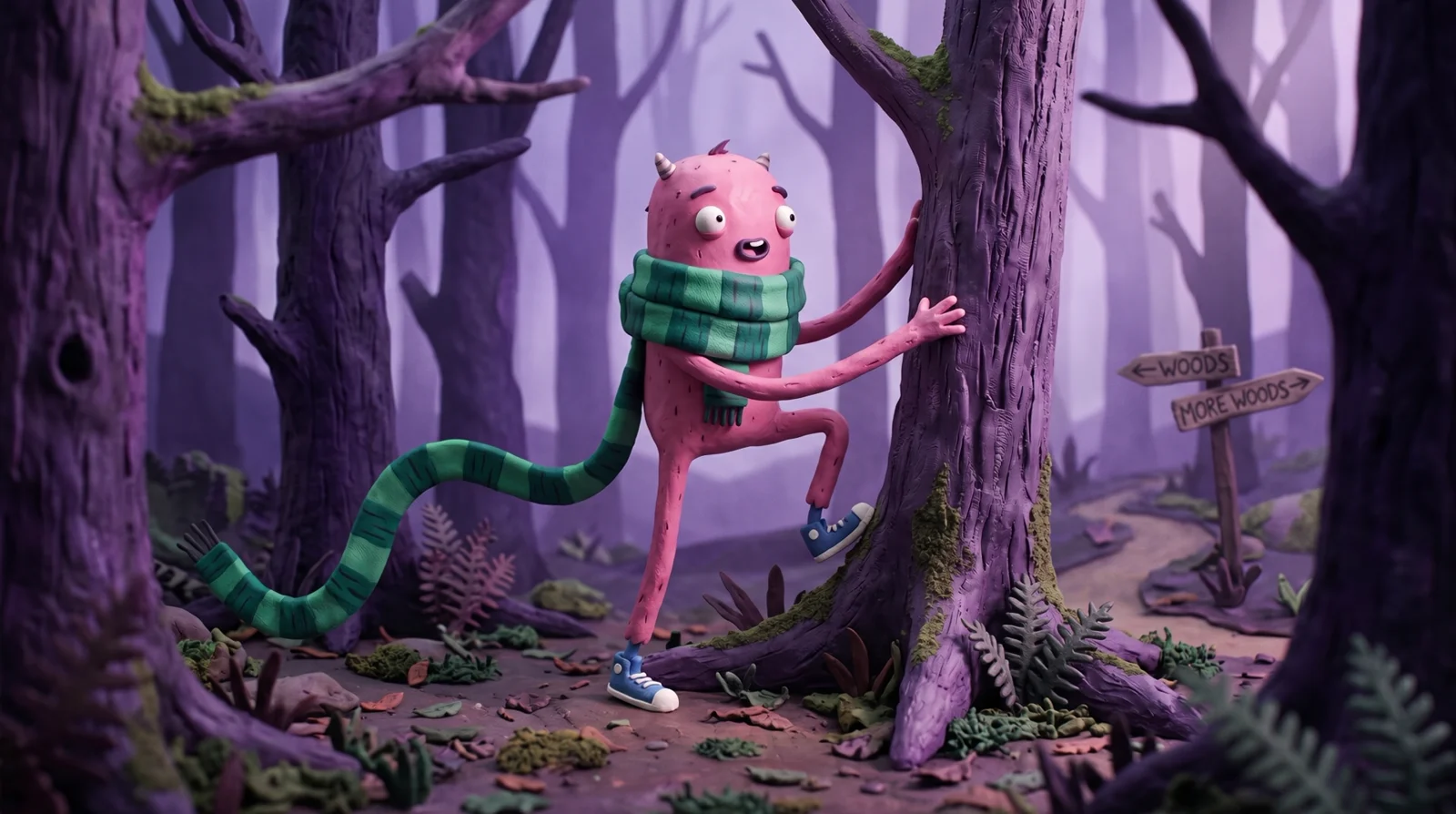 A pink, scarf-wearing character finding their way through a purple forest in These Wild Woods