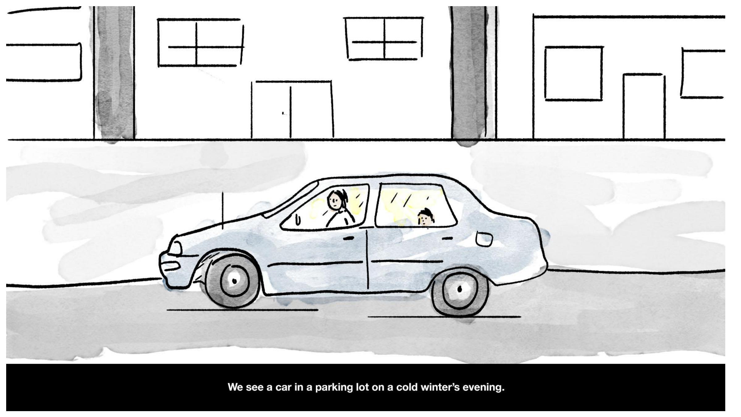 Illustrated Christmas commercial storyboard frame 1