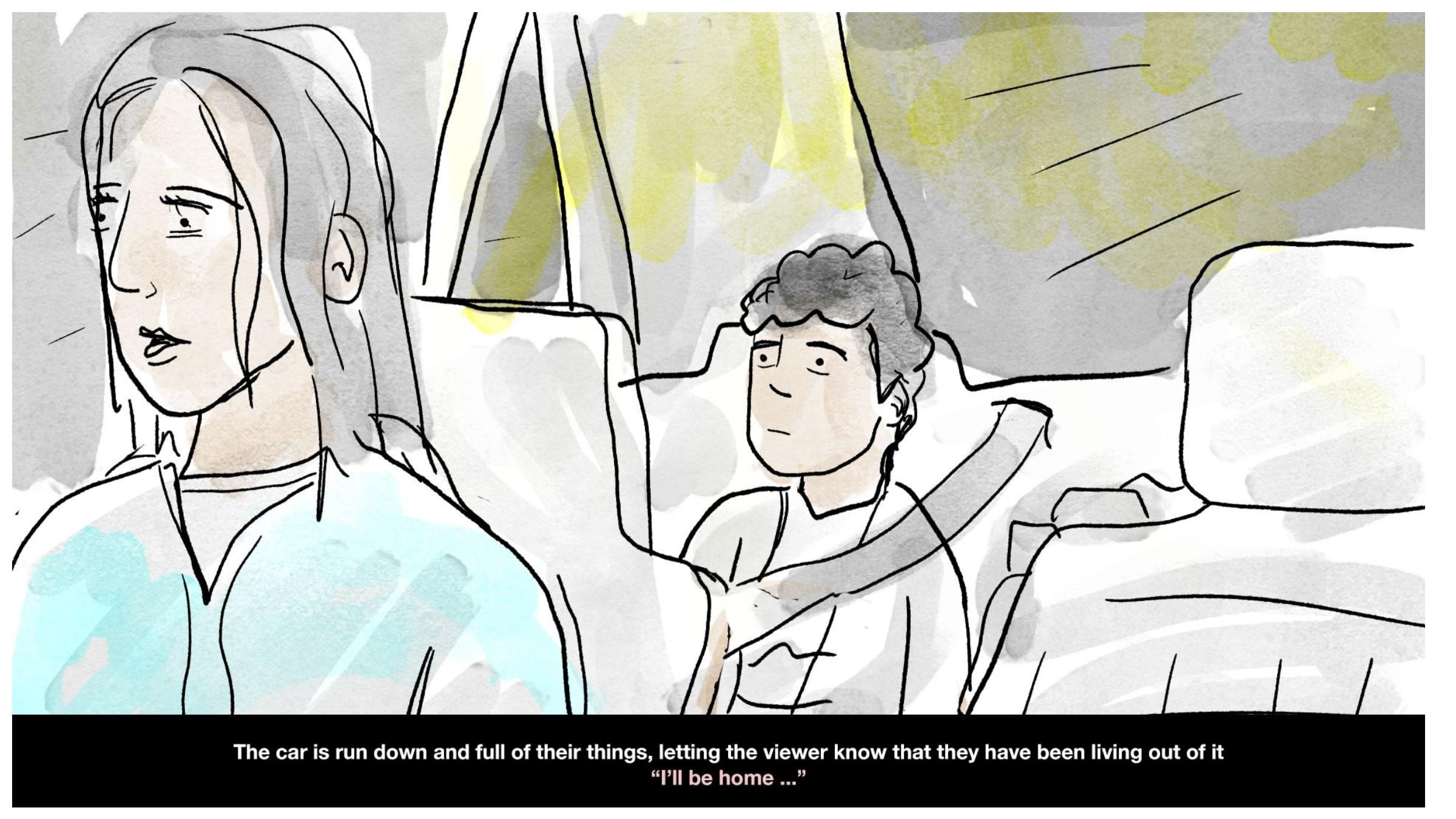 Illustrated Christmas commercial storyboard frame 2