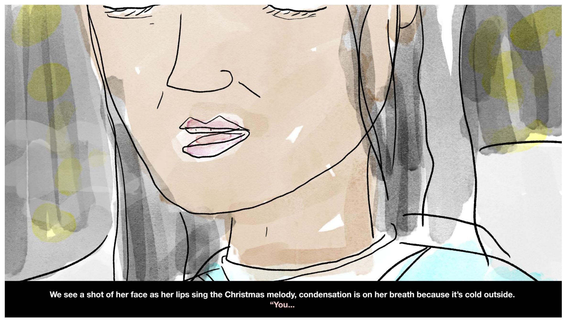 Illustrated Christmas commercial storyboard frame 3